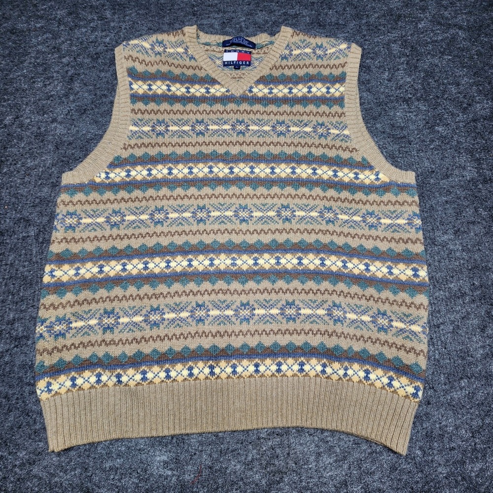 Tommy Hilfiger Mens Nordic Fair Isle V-Neck Sweater Vest Preppy Knitted Large